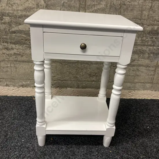 Ex Early Settler Valentine Bedside Table, White Goss Paint Finish, Single Drawer. H60 W40 D30cm